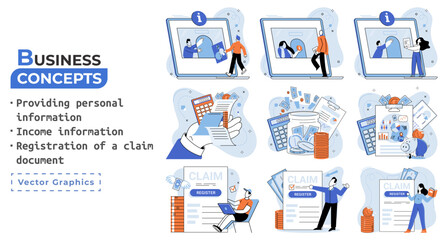 Registration of claim form register document, providing personal information, income information vector set. Employer form, earnings statement documents. Tax, financial and accounting reporting