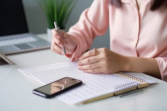 Event planner timetable agenda plan on organize schedule event. Business woman using mobile phone and taking note on calendar desk on office table