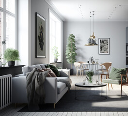 Modern interior design of living room with grey sofa and coffee table. Home interior with rug and plants. Generative ai