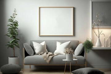 Modern interior design of living room with grey sofa and table. Home interior with white wall. Mock-up. Generative ai.