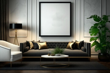 Modern interior design of living room with black sofa and white coffee table. Home interior with rug. Frame mock-up. Generative ai.
