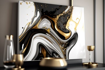 modern conceptual liquid art with white black and gold, generative AI