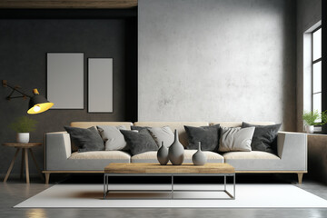 Modern interior design of scandinavian living room with grey sofa and wooden coffee table. Home interior with rug. Frame mock-up. Generative ai.