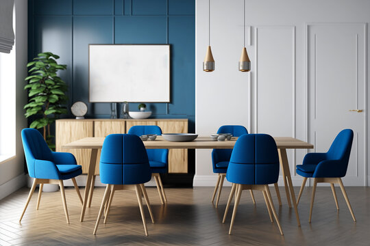 Modern interior design of dining room with blue chairs and wooden dining table. Scandinavian home interior. Frame mock-up. Generative ai