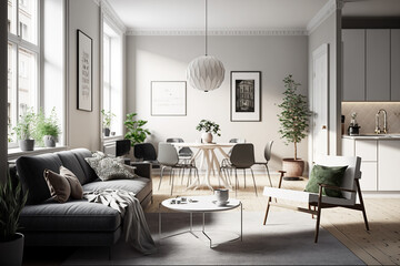 Naklejka na ściany i meble Modern interior design of living room with grey sofa and coffee table. Home interior with rug and plants. Generative ai