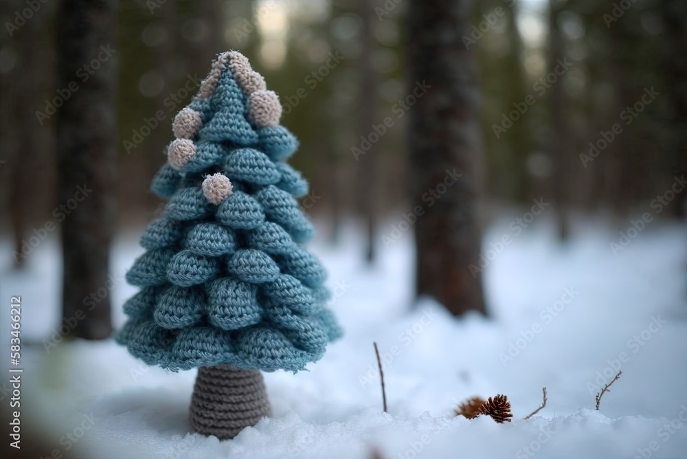 Poster the christmas tree in the snowy woods is adorable. using a wool crochet pattern generative ai