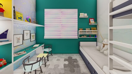 Interior design kids bedroom teal  green realistic 3d render