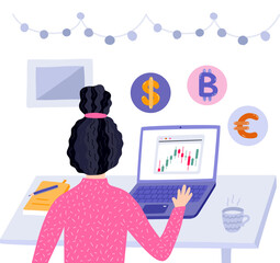 Girl is sitting before computer and watching technical analysis of stock trends and currency. Back view. Modern concept of trading and investing, increasing capital, pursuit of money, capital gains