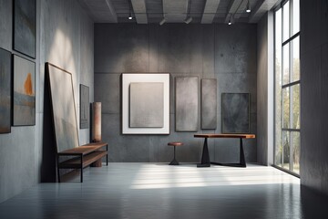 Interior of contemporary, dark gray gallery with mockups mounted on the wall and a pedestal. Interior of a museum or exhibition. Generative AI