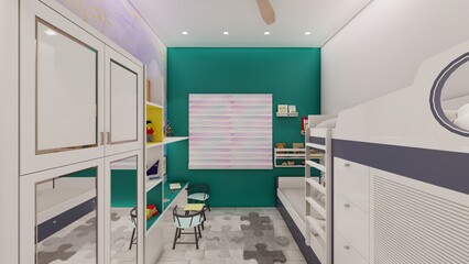 Interior design childrens bedroom realistic 3d perspective