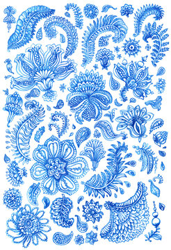 Floral blue watercolor painted set isolated on a transparent background. Paisley elements, fantasy flowers, textured foliage