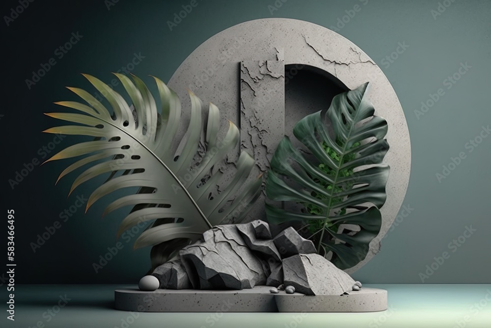 Poster concrete product showcase stand idea the abstract rock palm leaf image ba generative ai