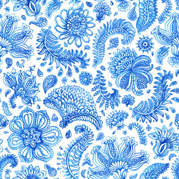 Floral blue watercolor painted seamless pattern isolated on a transparent background. Paisley elements, fantasy flowers, textured foliage