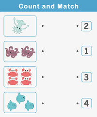 Counting Game for Preschool Children. Math Activities for Kids with cute sea animals. Math activities for toddlers to practice early math concepts.