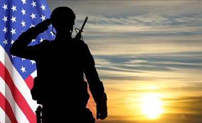 Silhouette of a saluting soldier with USA flag against the sunset. Greeting card for Veterans Day , Memorial Day, Independence Day. EPS10 vector