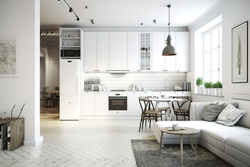 contemporary white apartment with kitchen, generative AI