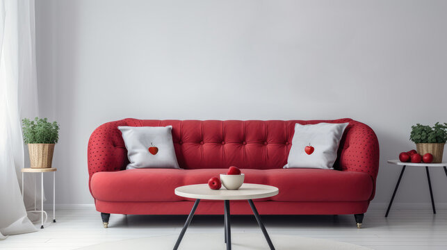 Rotes Sofa in Erdbeer-Textur vor wei&szlig;er Wand, Generative AI