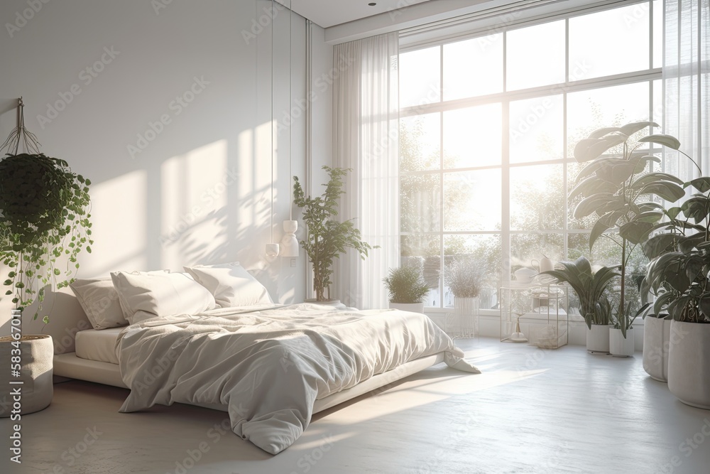 Wall mural beautiful white modern room with green plants and a window facing the sunset or morning. beautiful i