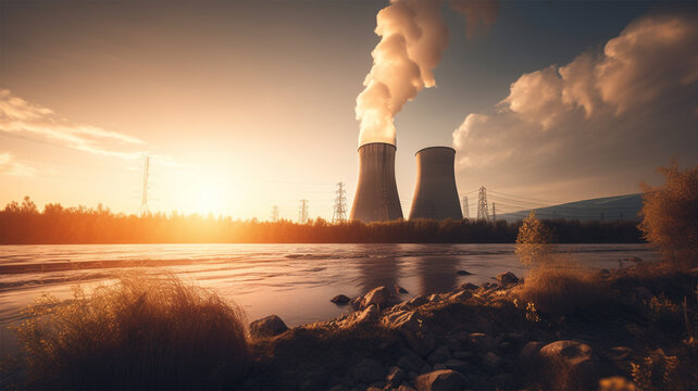 Kernkraftwerk K&uuml;hlt&uuml;rme in einer sch&ouml;nen Landschaft w&auml;hrend dem Sonnenuntergang, generative KI