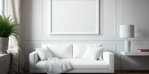 a minimalist living room with sofa and empty white frame
