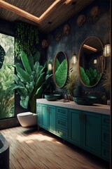 boho bathroom style. A natural wood vanity bathroom. mockup , Generative AI