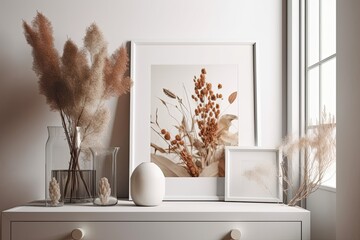 White picture mock up with dried money plant bunch on white cabinet. Generative AI
