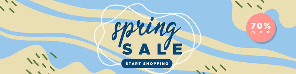 Spring sale colorful horizontal banner. Abstract organic shapes background. For newsletter, web header, social media post and advertising. Vector illustration, flat design