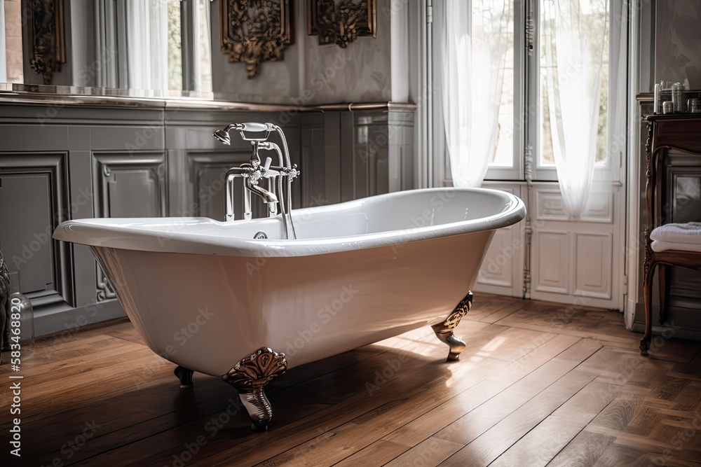 Sticker Beautiful, luxurious, old fashioned bathtub unattached white bathtub. The bathroom is gorgeous. Generative AI