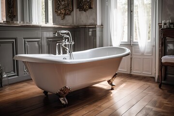 Beautiful, luxurious, old fashioned bathtub unattached white bathtub. The bathroom is gorgeous. Generative AI