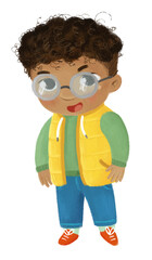 cartoon child kid boy taking off or putting on autumn spring clothes by him self childhood illustration for kids