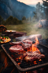charcoal barbecue grilled steak . grill time. ai generative - obrazy, fototapety, plakaty