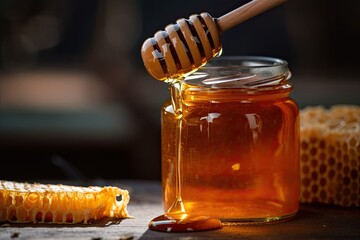 Jar of honey with honeycomb next to it on table. Generative AI