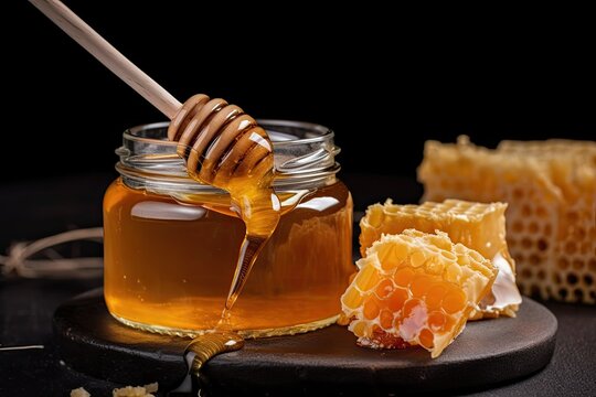 Jar of honey with honeycomb next to it on table. Generative AI