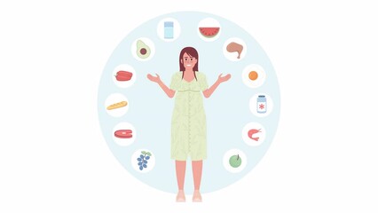Animated nutrition during pregnancy. Healthy diet for pregnant woman. 2D cartoon flat character 4K video footage on white with alpha channel transparency. Concept animation for web design
