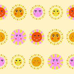 Smiling sun, abstract personage, mascot design, funny face, cute icon.