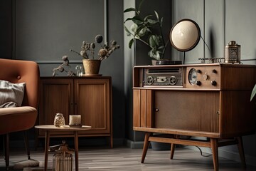 Close up of a vintage style living room interior. Design of a contemporary, minimalist apartment with wooden cabinet and light decorations. Nobody in the classic radio and clock styled Scandinavian ho