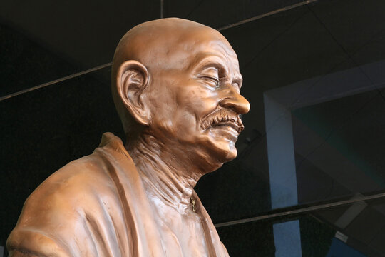 Portrait of Mahatma Gandhi. A sculpture of India's national hero Gandhi ji at the Hubbali Junction railway station in Hubbali, Karnataka, India on February 16, 2023.