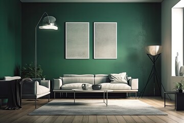 In the inside of a living room with a white leather couch, carpet, floor lamp, and coffee table on hardwood flooring, there is a blank vertical poster on a green concrete wall. Generative AI