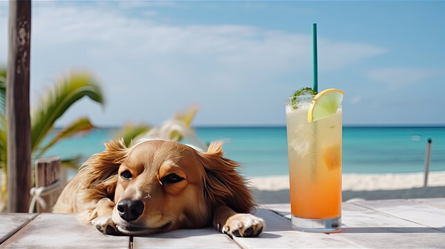 Cute dog with summer cocktail. Illustration AI Generative.