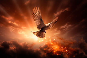 Obraz na płótnie Canvas A white dove flies and to symbolise the Holy Spirit and Pentecost. Generative AI