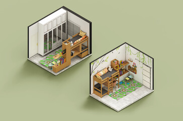 Playful axonometric interior of a childs bedroom with toys 3d rendering 