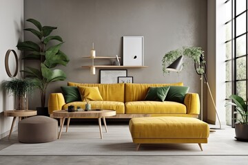 Open plan Scandinavian interior design with a yellow velvet sofa, plants, furniture, a book, a wooden cube, and contemporary home staging. Template. Generative AI