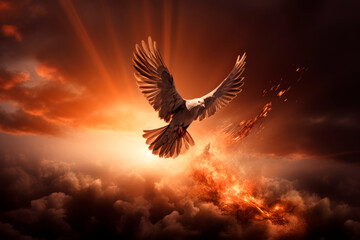Fototapeta na wymiar A white dove flies and to symbolise the Holy Spirit and Pentecost. Generative AI