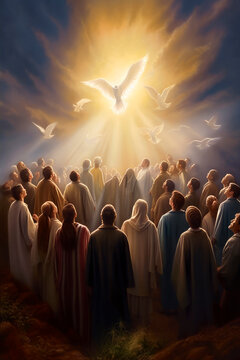 On Pentecost the Holy Spirit will descend on them. A lot of people have gathered together. Generative AI