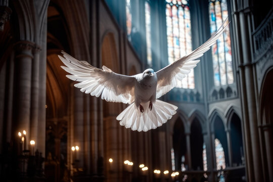 A white dove flies in the cathedral to symbolise the Holy Spirit and Pentecost. Generative AI