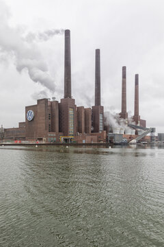 Wolfsburg, Germany – March 9, 2023: Power plant of Volkswagen factory on Mittelland Canal