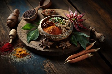 Oriental spices on a wooden table, generative AI