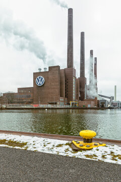 Wolfsburg, Germany – March 9, 2023: Power plant of Volkswagen factory on Mittelland Canal.