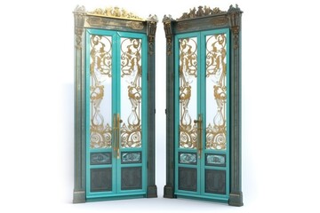 Obraz premium Model of two metal doors with double entrances, isolated on a white background. Generative AI