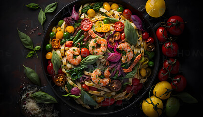 Photo colorful pasta with vegetables and shrimp, generative ai